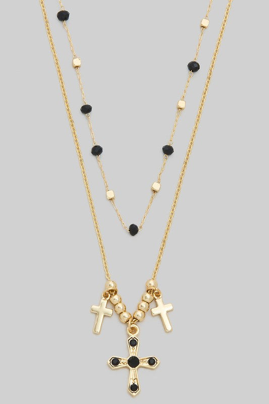 Triple Cross Gold Necklace Black-[option4]-[option5]-Cute-Trendy-Shop-Womens-Boutique-Clothing-Store