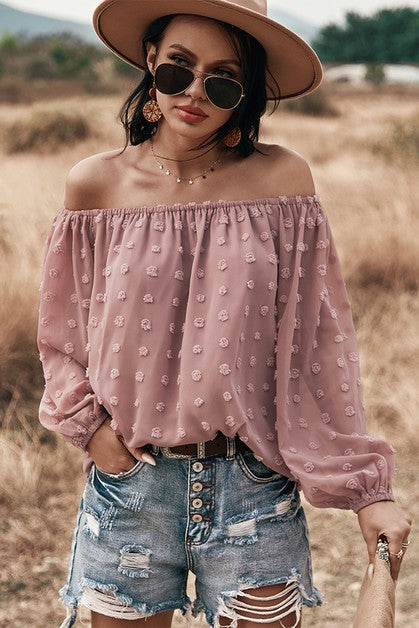 Martini Time Mauve Dotted Off Shoulder Top-[option4]-[option5]-Cute-Trendy-Shop-Womens-Boutique-Clothing-Store