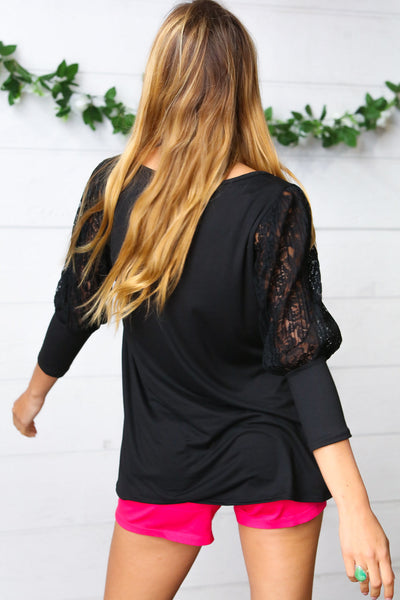 Black Lace Three Quarter Bubble Sleeve Top *online exclusive-[option4]-[option5]-Cute-Trendy-Shop-Womens-Boutique-Clothing-Store