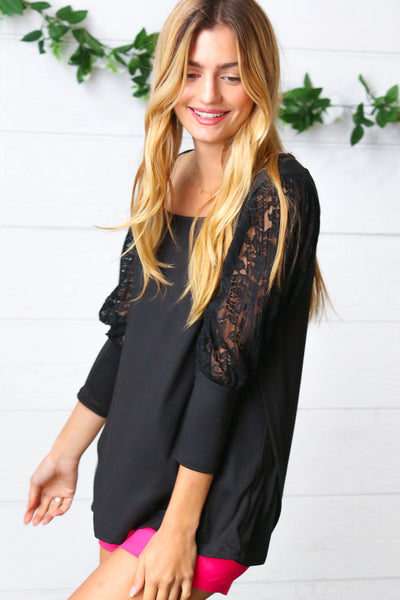 Black Lace Three Quarter Bubble Sleeve Top *online exclusive-[option4]-[option5]-Cute-Trendy-Shop-Womens-Boutique-Clothing-Store