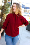 Bold Dreams Wine Smocked Three Quarter Sleeve Tie Back Top *online exclusive-[option4]-[option5]-Cute-Trendy-Shop-Womens-Boutique-Clothing-Store