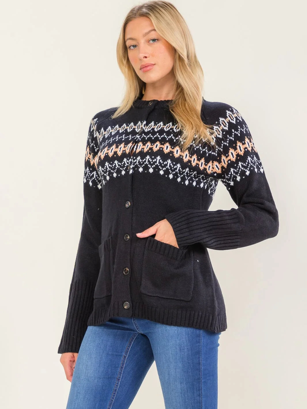 Heritage Patterned Pocket Cardigan Sweater-Cute-Trendy-Shop-Womens-Boutique-Clothing-Store