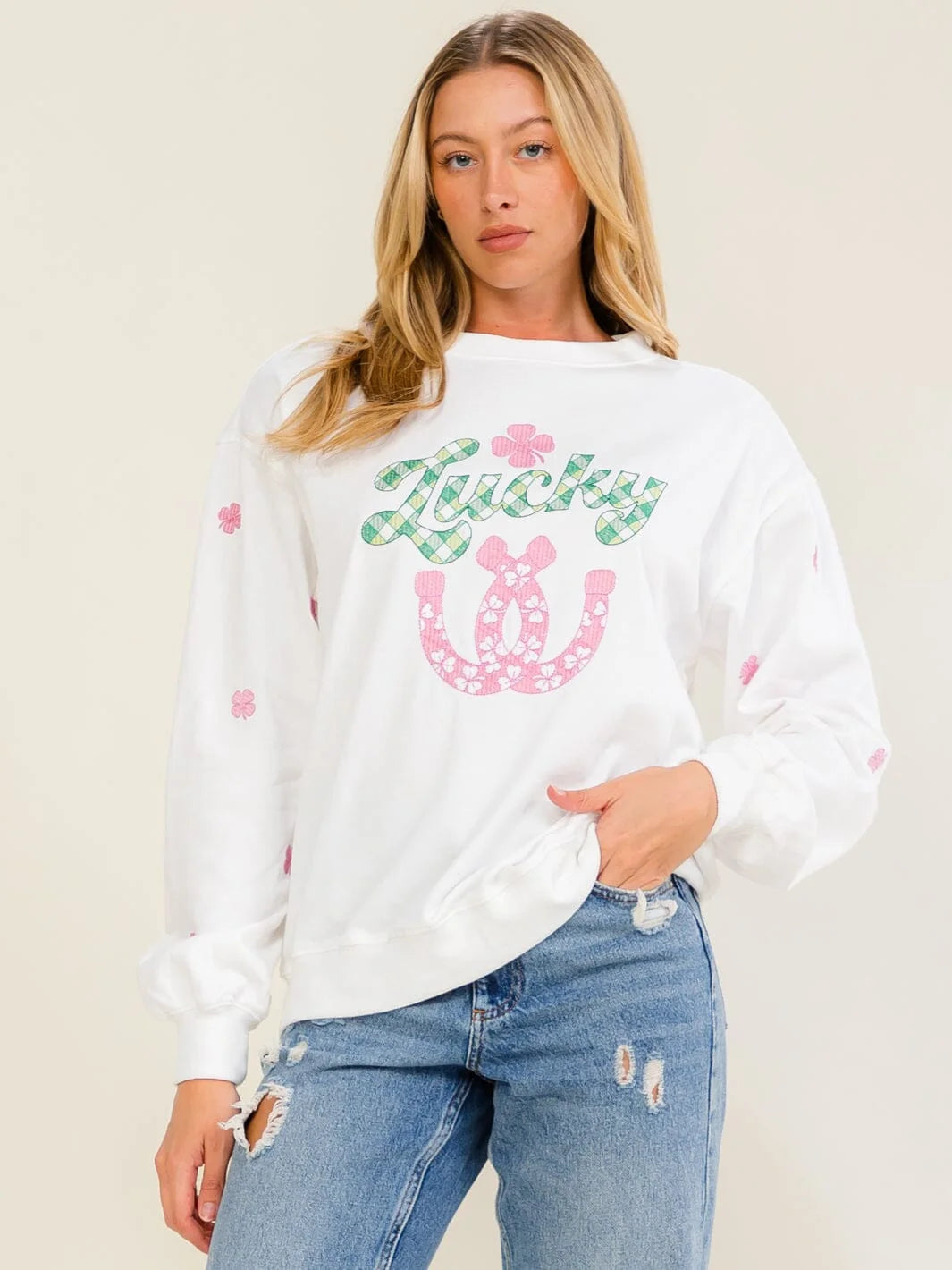 Lucky Charm Clover Graphic Pullover-Cute-Trendy-Shop-Womens-Boutique-Clothing-Store