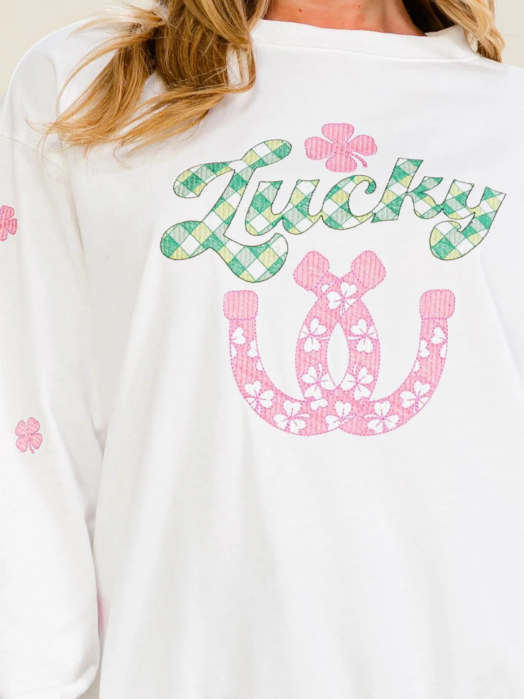 Lucky Charm Clover Graphic Pullover-Cute-Trendy-Shop-Womens-Boutique-Clothing-Store