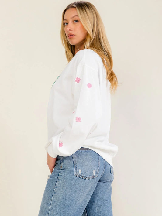 Lucky Charm Clover Graphic Pullover-Cute-Trendy-Shop-Womens-Boutique-Clothing-Store