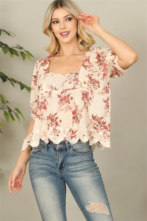 square neck cream and wine floral and lace summer top with puff sleeves