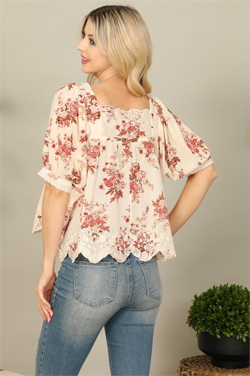 square neck cream and wine floral and lace summer top with puff sleeves