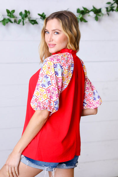 Cardinal Red Frilled Mock Neck Floral Puff Sleeve Top *online exclusive-[option4]-[option5]-Cute-Trendy-Shop-Womens-Boutique-Clothing-Store