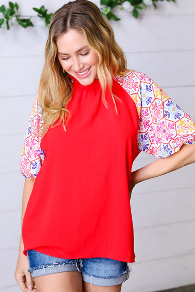 Cardinal Red Frilled Mock Neck Floral Puff Sleeve Top *online exclusive-[option4]-[option5]-Cute-Trendy-Shop-Womens-Boutique-Clothing-Store