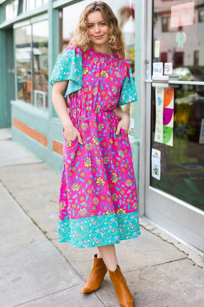 Charming Fuchsia & Mint Floral Frill Mock Neck Flutter Sleeve Midi Dress *online exclusive-[option4]-[option5]-Cute-Trendy-Shop-Womens-Boutique-Clothing-Store