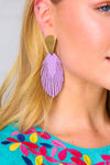 Lilac & Gold Leather Fringe Feather Earrings *online exclusive-One Size Fits All-[option4]-[option5]-Cute-Trendy-Shop-Womens-Boutique-Clothing-Store