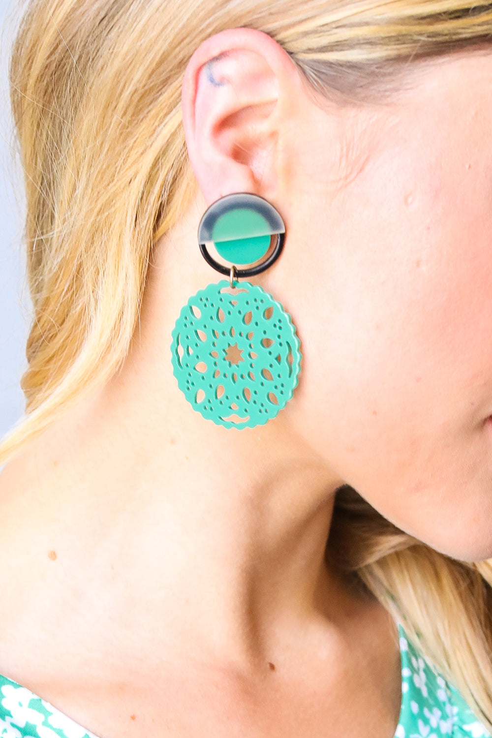 Teal Crochet Carved Disc Dangle Earrings *online exclusive-One Size Fits All-[option4]-[option5]-Cute-Trendy-Shop-Womens-Boutique-Clothing-Store