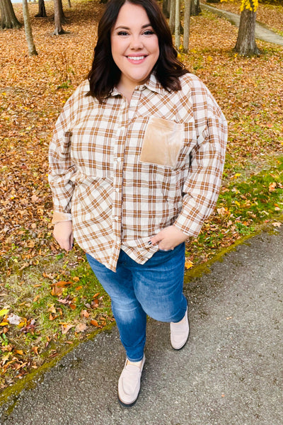 Eyes On You Taupe Plaid Velvet Pocket Button Down Top *online exclusive-[option4]-[option5]-Cute-Trendy-Shop-Womens-Boutique-Clothing-Store