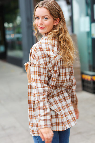 Eyes On You Taupe Plaid Velvet Pocket Button Down Top *online exclusive-[option4]-[option5]-Cute-Trendy-Shop-Womens-Boutique-Clothing-Store