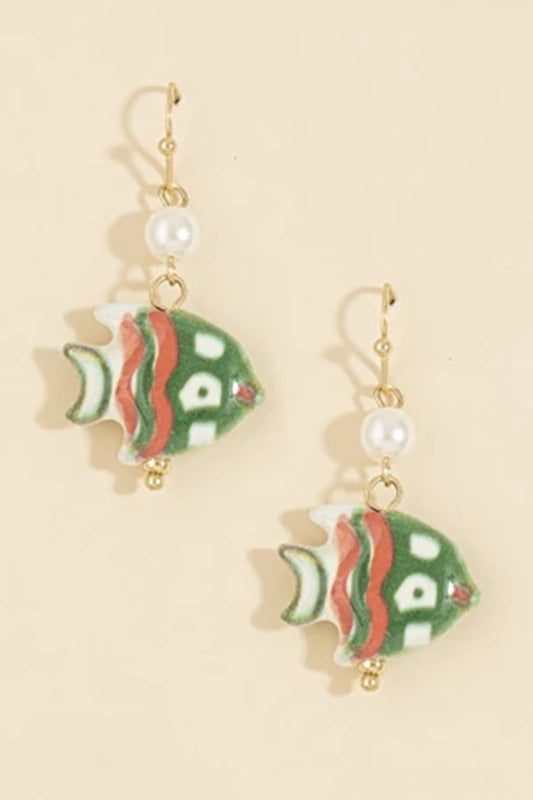 Hand-Painted Ceramic Fish & Pearl Drop Earrings-Green-Cute-Trendy-Shop-Womens-Boutique-Clothing-Store