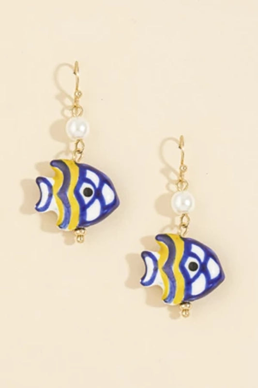Hand-Painted Ceramic Fish & Pearl Drop Earrings-Blue-Cute-Trendy-Shop-Womens-Boutique-Clothing-Store