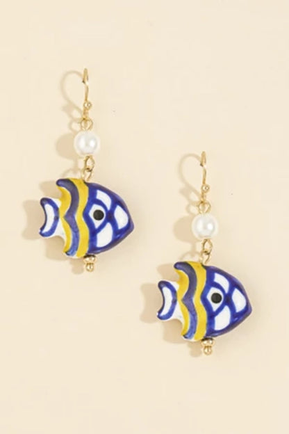 Hand-Painted Ceramic Fish & Pearl Drop Earrings-Blue-Cute-Trendy-Shop-Womens-Boutique-Clothing-Store