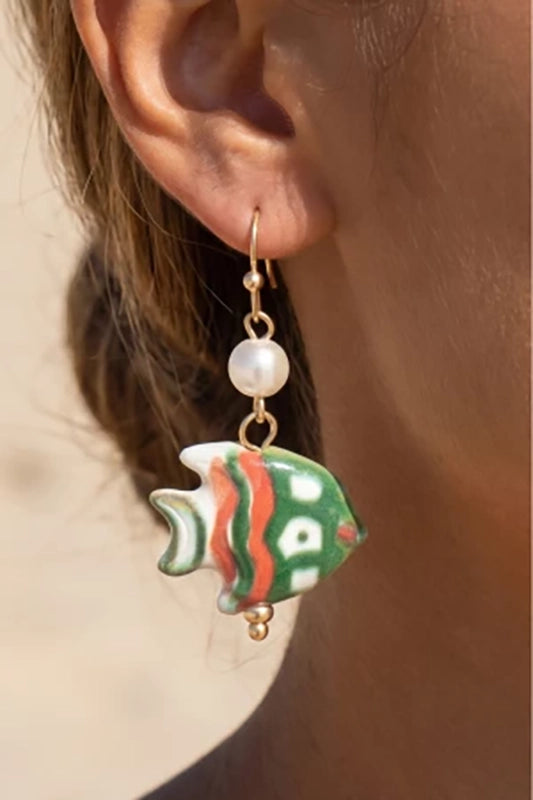 Hand-Painted Ceramic Fish & Pearl Drop Earrings-Cute-Trendy-Shop-Womens-Boutique-Clothing-Store