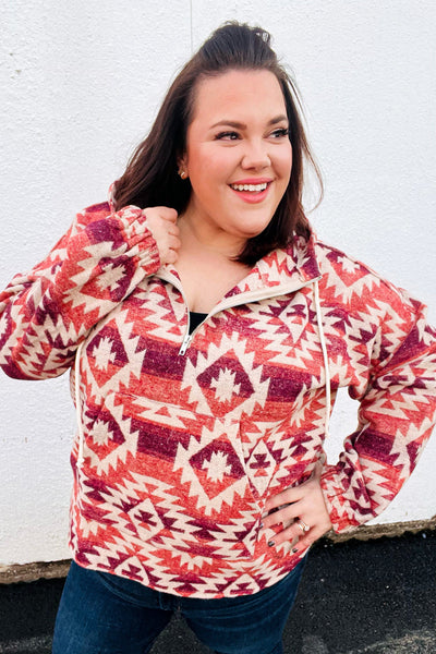 Fall For You Rust & Burgundy Aztec Half Zip High Neck Hoodie *online Exclusive-[option4]-[option5]-Cute-Trendy-Shop-Womens-Boutique-Clothing-Store
