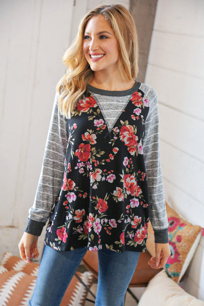 Floral Stripe Raglan Hacci Triangle Detail Top *online exclusive-[option4]-[option5]-Cute-Trendy-Shop-Womens-Boutique-Clothing-Store
