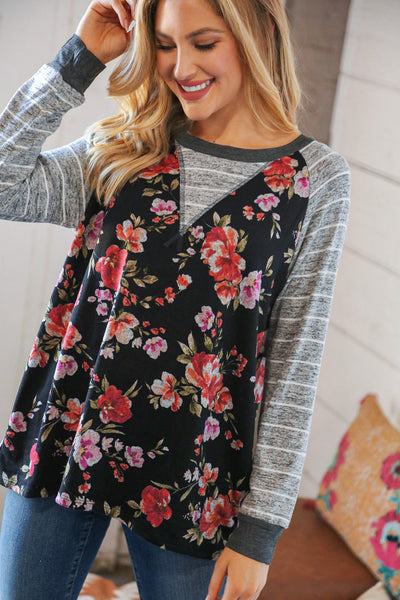 Floral Stripe Raglan Hacci Triangle Detail Top *online exclusive-[option4]-[option5]-Cute-Trendy-Shop-Womens-Boutique-Clothing-Store