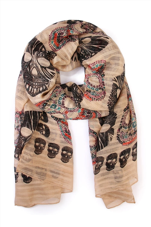 Fun on the Run Sugar Skull Scarf Beige *instore & online-Beige-[option4]-[option5]-Cute-Trendy-Shop-Womens-Boutique-Clothing-Store