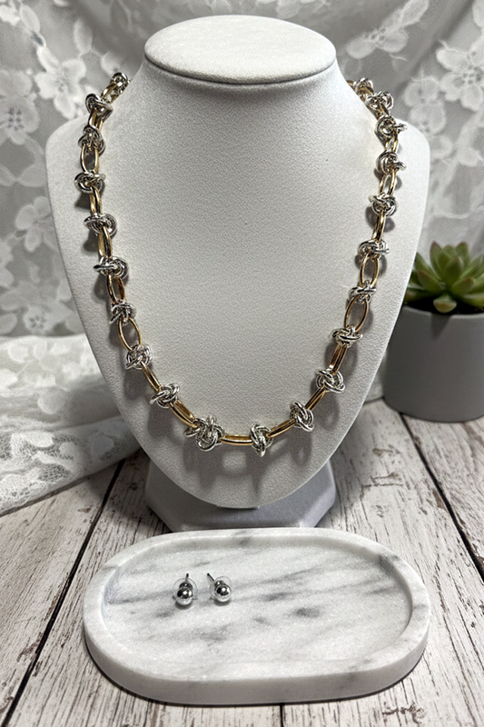 Two Tone Metal Knotted Necklace Silver on Gold-[option4]-[option5]-Cute-Trendy-Shop-Womens-Boutique-Clothing-Store