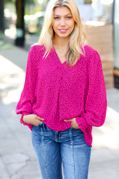 Get Ready Fuchsia Leopard V Neck Smocked Top *online exclusive-[option4]-[option5]-Cute-Trendy-Shop-Womens-Boutique-Clothing-Store