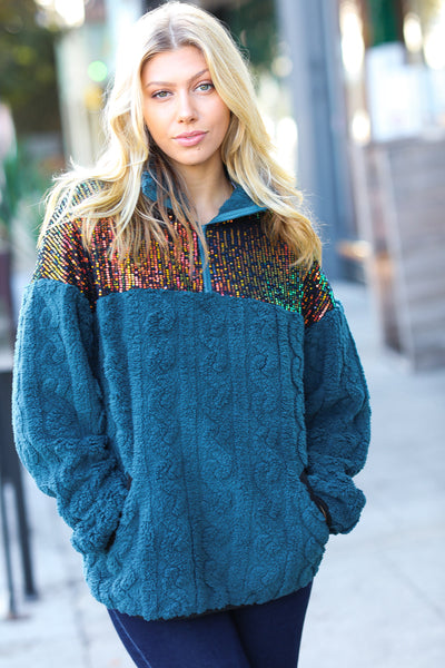 Going With You Teal Sequin & Sherpa Half Zip Pullover *online exclusive-[option4]-[option5]-Cute-Trendy-Shop-Womens-Boutique-Clothing-Store