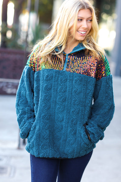 Going With You Teal Sequin & Sherpa Half Zip Pullover *online exclusive-[option4]-[option5]-Cute-Trendy-Shop-Womens-Boutique-Clothing-Store