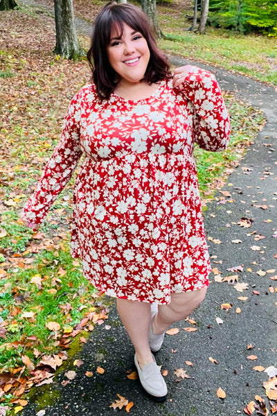 Just Be You Rust Floral Long Sleeve Babydoll Dress *online Exclusive-[option4]-[option5]-Cute-Trendy-Shop-Womens-Boutique-Clothing-Store