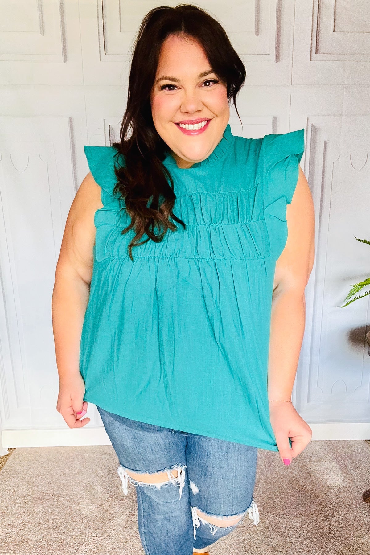 Love Life Cotton Turquoise Frill Mock Neck Flutter Sleeve Top *online exclusive-[option4]-[option5]-Cute-Trendy-Shop-Womens-Boutique-Clothing-Store