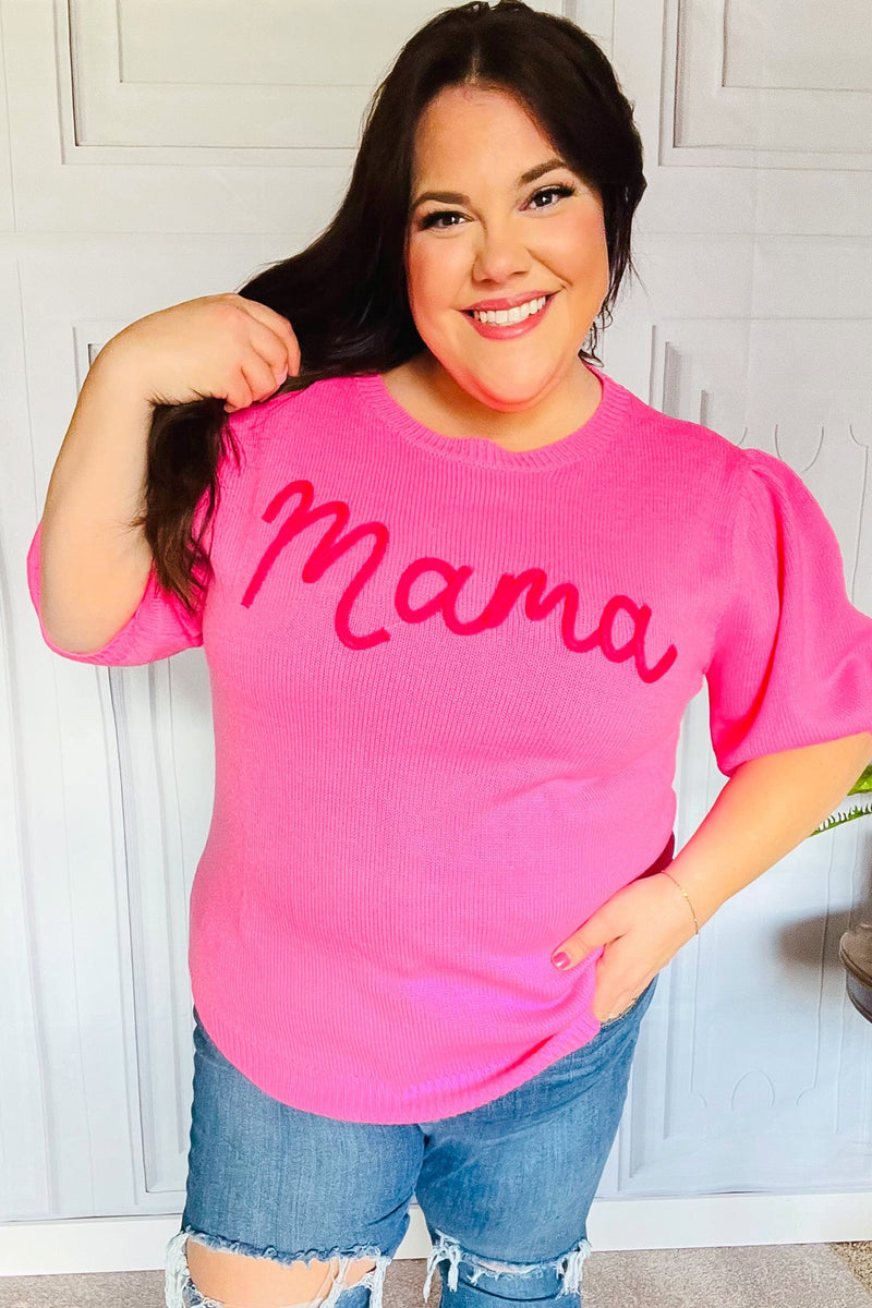 Take A Bow Pink "Mama" Embroidery Puff Sleeve Sweater Top *online exclusive