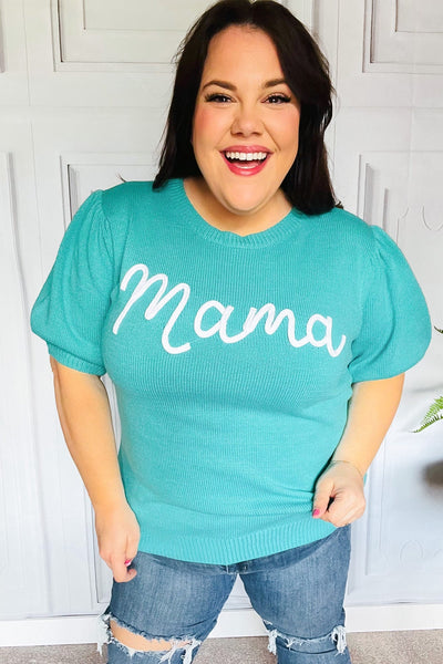 Take A Bow Mint "Mama" Embroidery Pop-Up Puff Sleeve Sweater Top *online exclusive-[option4]-[option5]-Cute-Trendy-Shop-Womens-Boutique-Clothing-Store