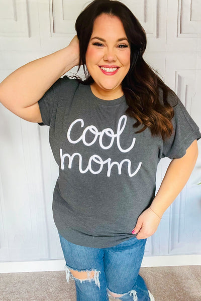 Take A Bow Charcoal "Cool Mom" Embroidery Pop-Up Rib Dolman Top *online exclusive