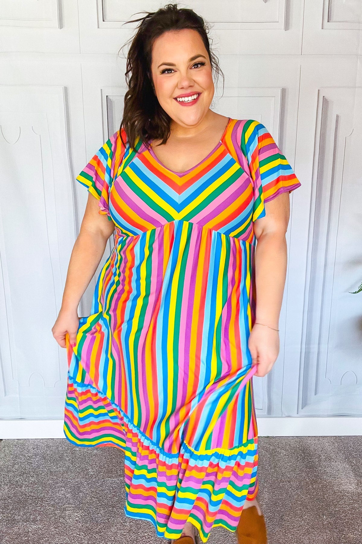 Bright Thoughts Rainbow Stripe Flutter Sleeve Fit & Flare Midi Dress *online exclusive
