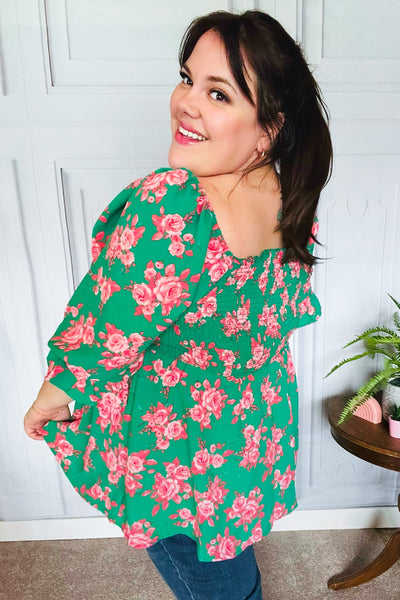 Sumptuous In Smocked Green & Coral Flower Print Babydoll Top *Online Exclusive*-[option4]-[option5]-Cute-Trendy-Shop-Womens-Boutique-Clothing-Store