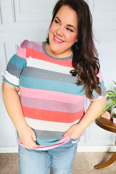 Look Out Teal & Rose Striped Hacci Knit Puff Sleeve Top *online exclusive-[option4]-[option5]-Cute-Trendy-Shop-Womens-Boutique-Clothing-Store