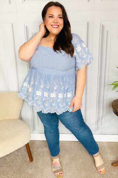 Just A Dream Blue Smocked Floral Embroidered Babydoll Top *online exclusive