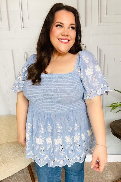Just A Dream Blue Smocked Floral Embroidered Babydoll Top *online exclusive