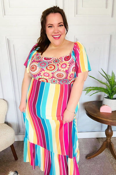 Feeling Bold Fuchsia & Teal Striped Medallion Crochet Print Top *online exclusive-[option4]-[option5]-Cute-Trendy-Shop-Womens-Boutique-Clothing-Store