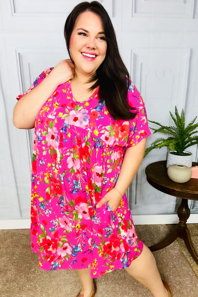 Charming Fuchsia Floral V Neck Babydoll Dress *Online Exclusive-1X-[option4]-[option5]-Cute-Trendy-Shop-Womens-Boutique-Clothing-Store