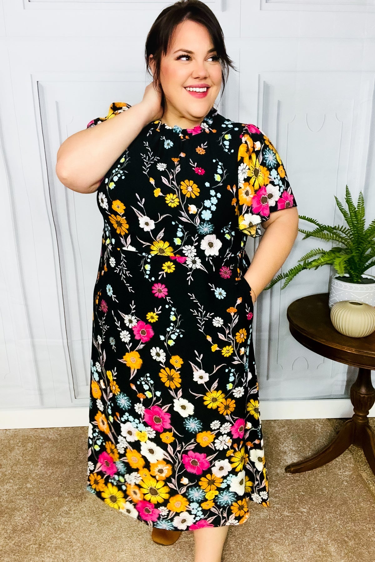 Black Floral Frill Mock Neck Flutter Sleeve Midi Dress *online exclusive-[option4]-[option5]-Cute-Trendy-Shop-Womens-Boutique-Clothing-Store