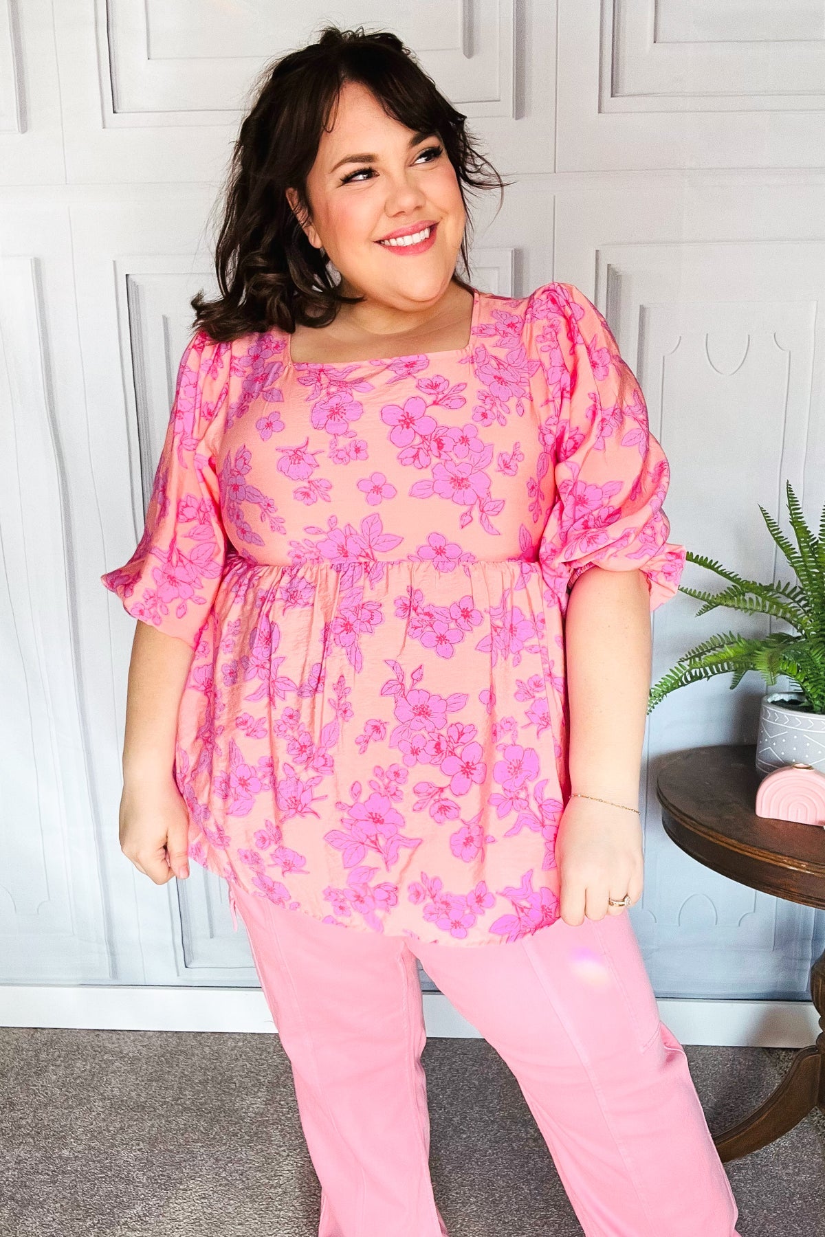 Making Moves Peach & Pink Floral Peplum Woven Top *online exclusive