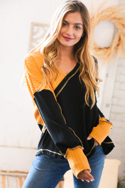 Mustard Cable Knit Outseam V Neck Thumbhole Sweater *online exclusive-[option4]-[option5]-Cute-Trendy-Shop-Womens-Boutique-Clothing-Store