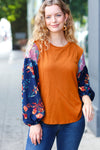 On Your Way Rust & Navy Floral Textured Hacci Top *online exclusive-[option4]-[option5]-Cute-Trendy-Shop-Womens-Boutique-Clothing-Store