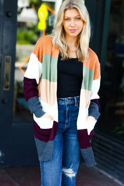 Perfectly You Plum & Olive Color Block Open Cardigan *online exclusive-[option4]-[option5]-Cute-Trendy-Shop-Womens-Boutique-Clothing-Store