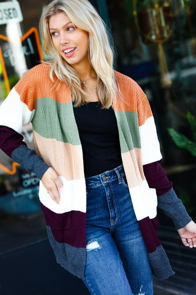 Perfectly You Plum & Olive Color Block Open Cardigan *online exclusive-[option4]-[option5]-Cute-Trendy-Shop-Womens-Boutique-Clothing-Store