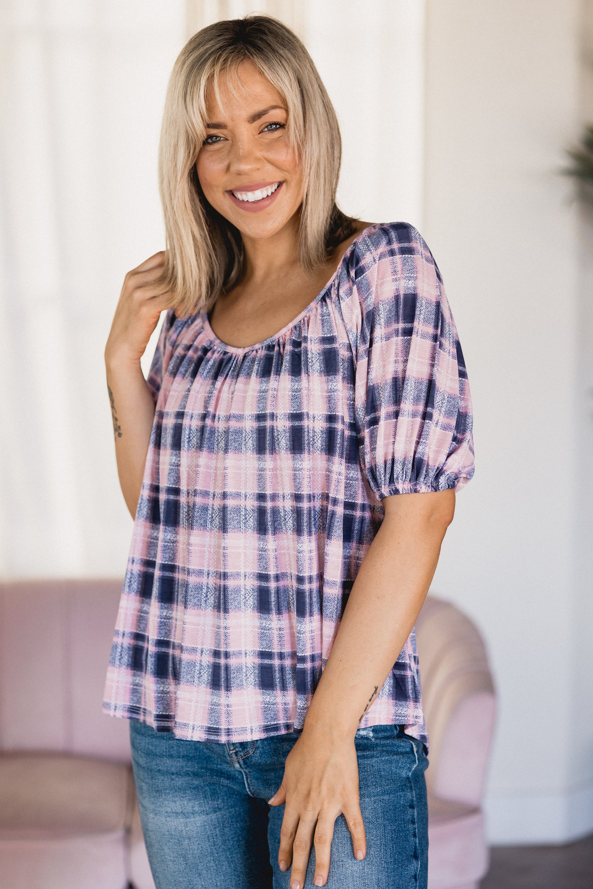 Pinkin' in Plaid - Puff Sleeve *online exclusive