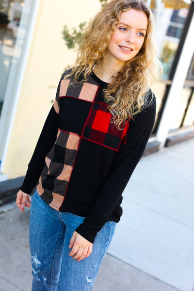 Run With It Red & Fawn Plaid Color block Outseam Top *online exclusive-[option4]-[option5]-Cute-Trendy-Shop-Womens-Boutique-Clothing-Store